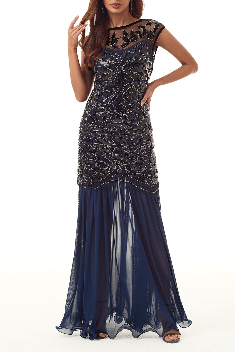 Kaynafashions - Elegant Formal Patchwork Sequins Beading Zipper O Neck Evening Dress Dresses