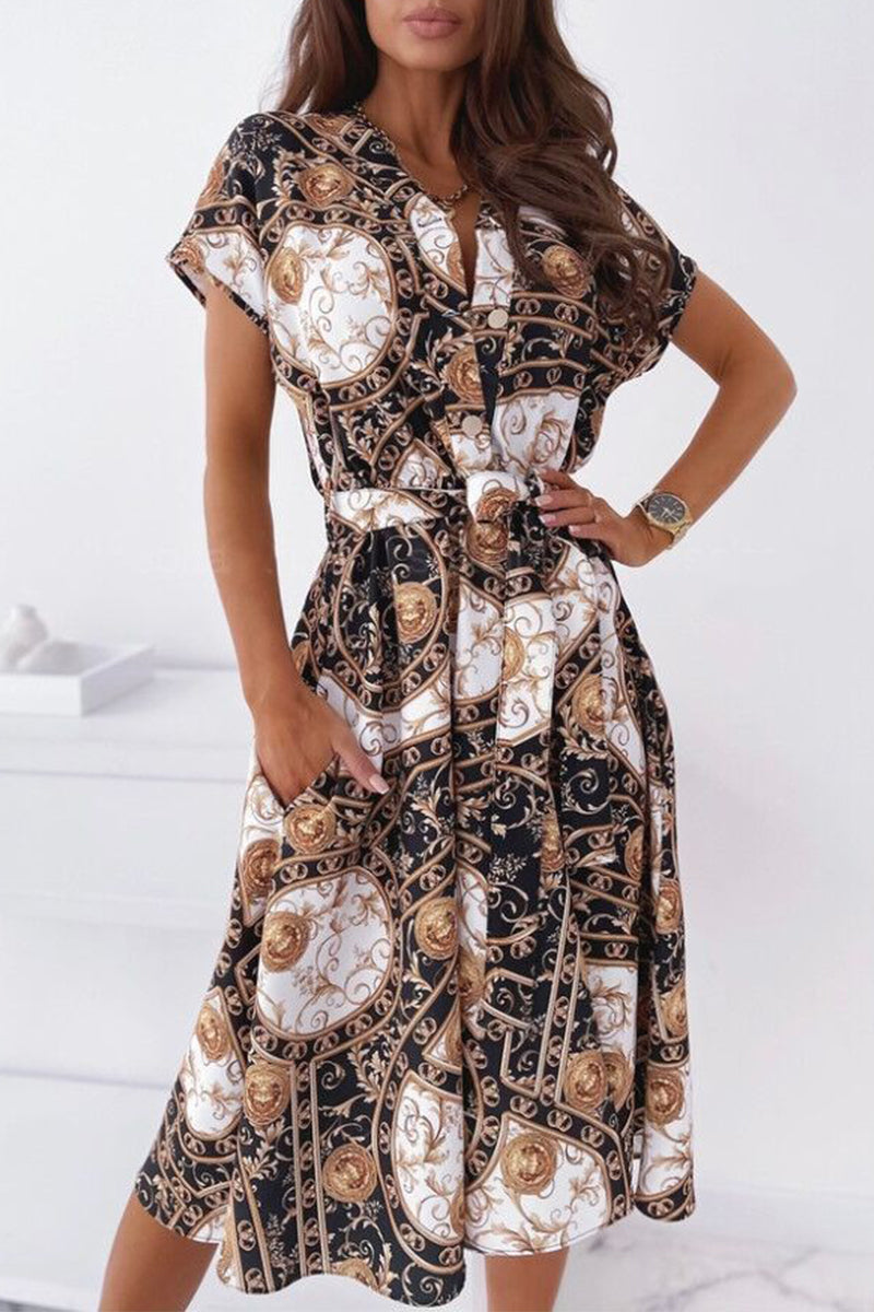Kaynafashions - Celebrities Elegant Print Patchwork V Neck Shirt Dress Dresses