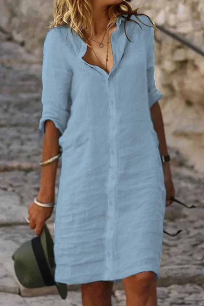 Kaynafashions - Casual Solid Turndown Collar Shirt Dress Dresses(4 Colors)
