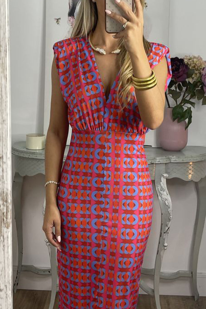 Kaynafashions - Casual Geometric Printing V Neck Sleeveless Dress Dresses