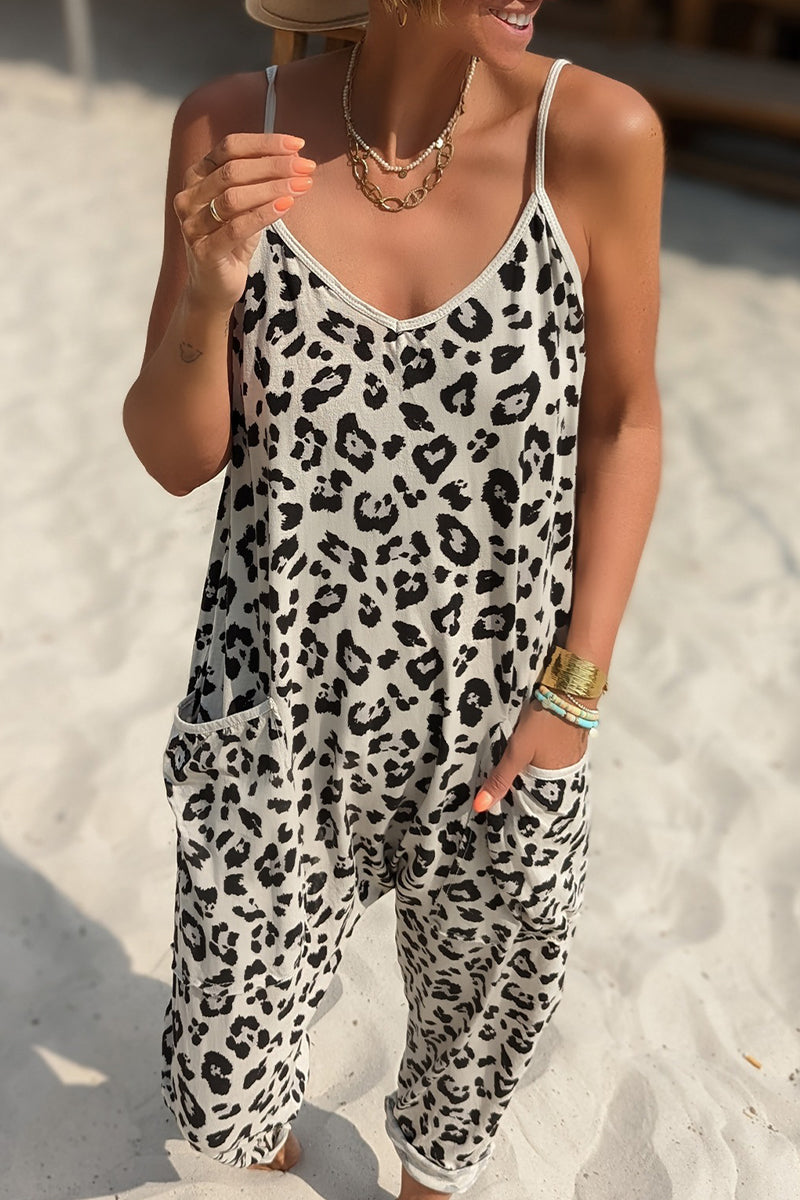 Kaynafashions - Casual Leopard Pocket Printing V Neck Loose Jumpsuits