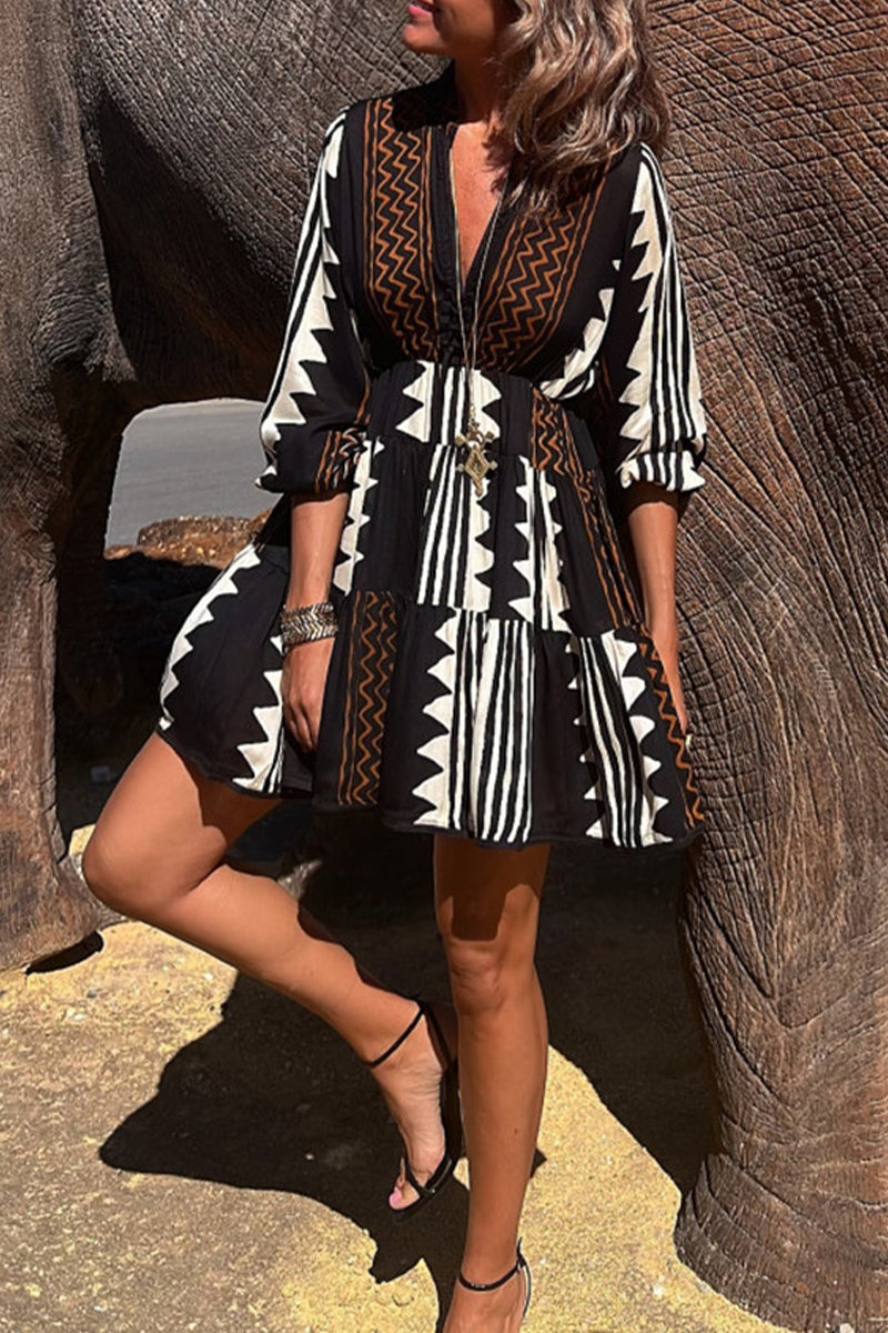 Kaynafashions - Elegant College Geometric Patchwork V Neck Printed Dress Dresses