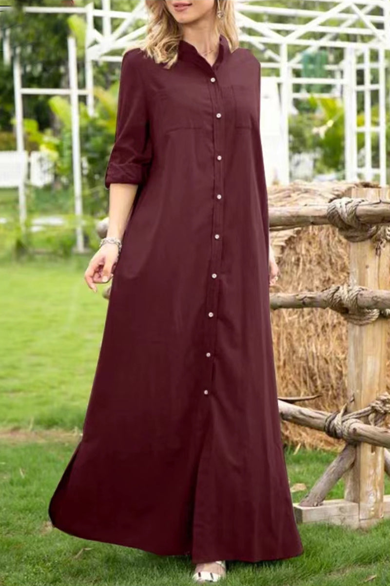 Kaynafashions - Casual Solid Buttons Mandarin Collar A Line Dresses(4 Colors)