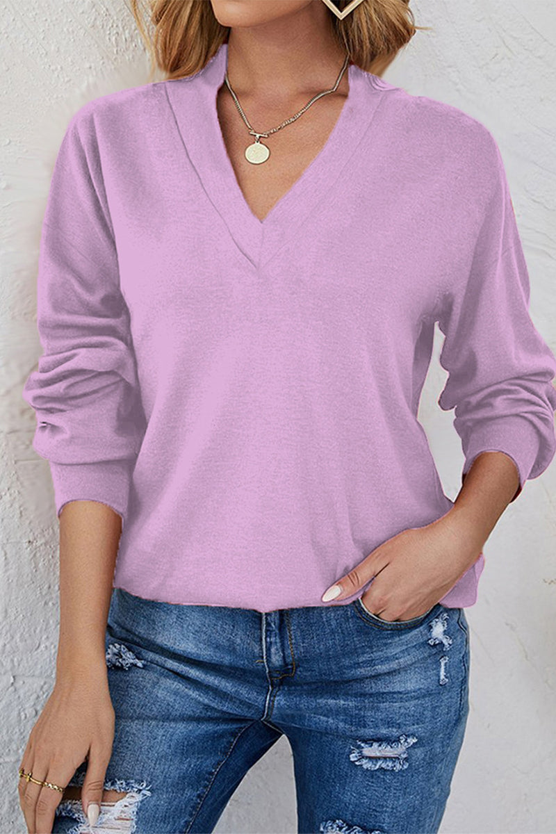 Kaynafashions - Casual Solid Color V Neck Long Sleeve Tops(3 Colors)