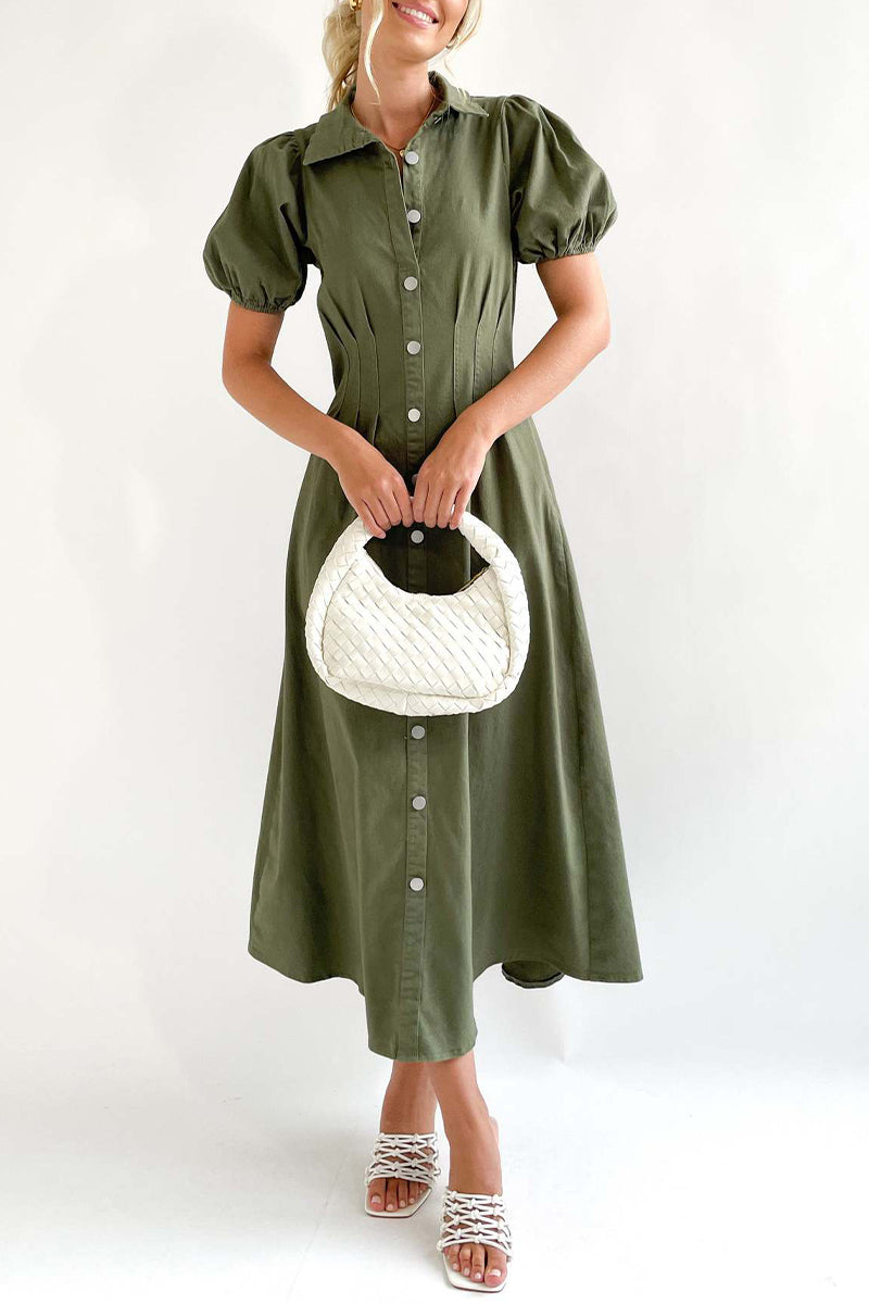 Kaynafashions - Casual Solid Buckle Turndown Collar A Line Dresses