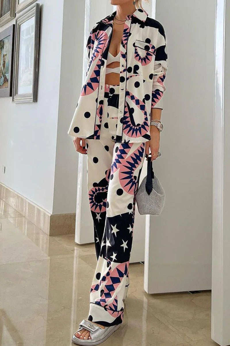 Kaynafashions - Casual Print Patchwork Turndown Collar Long Sleeve Two Pieces