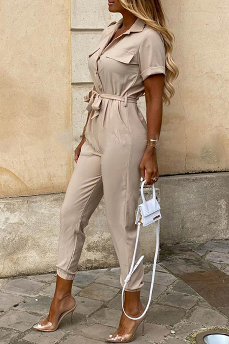 Kaynafashions - Casual Daily Solid Frenulum With Belt Turndown Collar Regular Jumpsuits(10 Colors)