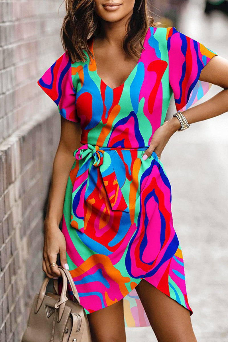 Kaynafashions - Casual Sweet Print Patchwork Frenulum V Neck Irregular Dress Dresses(5 Colors)