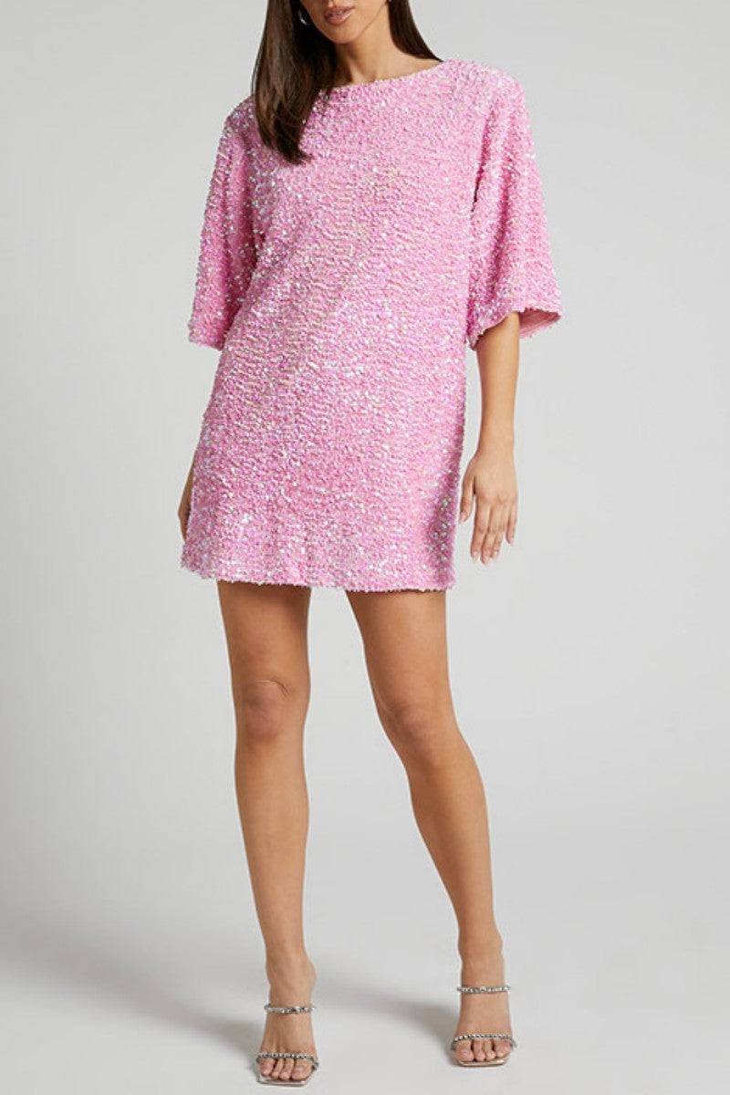 Kaynafashions - Casual Patchwork Sequins Frenulum Backless O Neck Dresses