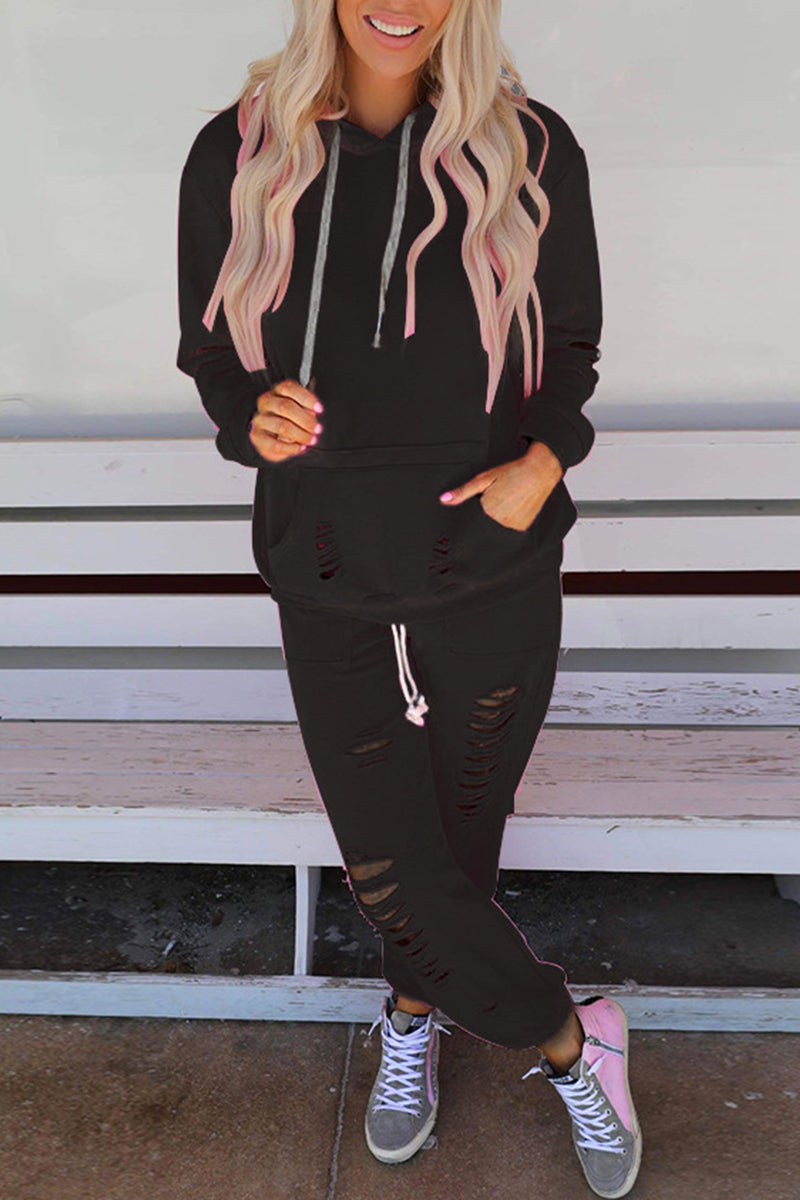 Kaynafashions - Casual Solid Ripped Pocket Hooded Collar Long Sleeve Two Pieces