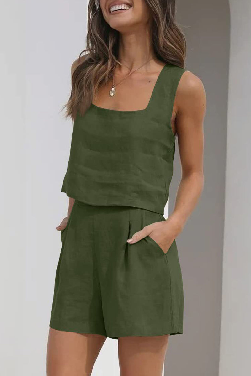 Kaynafashions - Casual Simplicity Solid Pocket Square Collar Sleeveless Two Pieces(16 Colors)