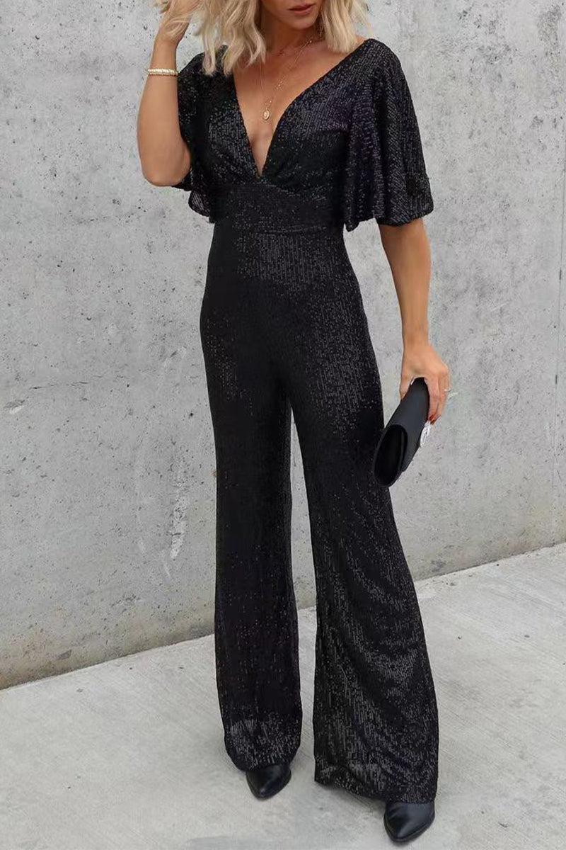 Kaynafashions - Casual Simplicity Solid Sequins V Neck Regular Jumpsuits