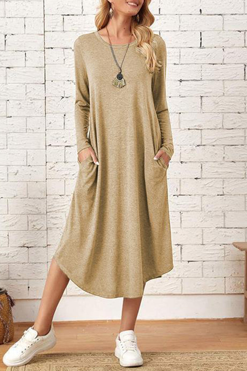 Kaynafashions - Casual Simplicity Solid Pocket O Neck Long Sleeve Dresses(6 Colors)