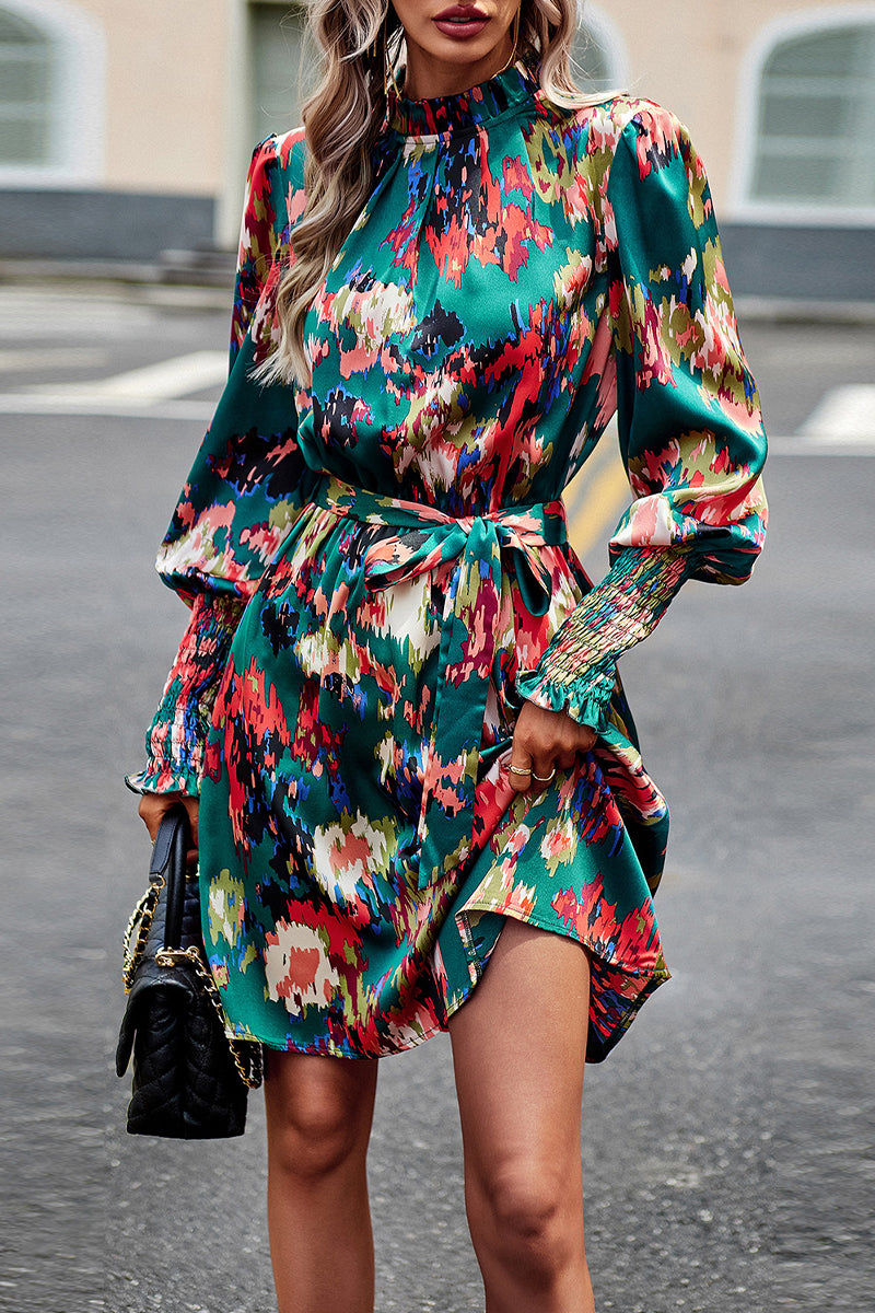 Kaynafashions - Elegant College Geometric Print Bandage Half A Turtleneck A Line Dresses