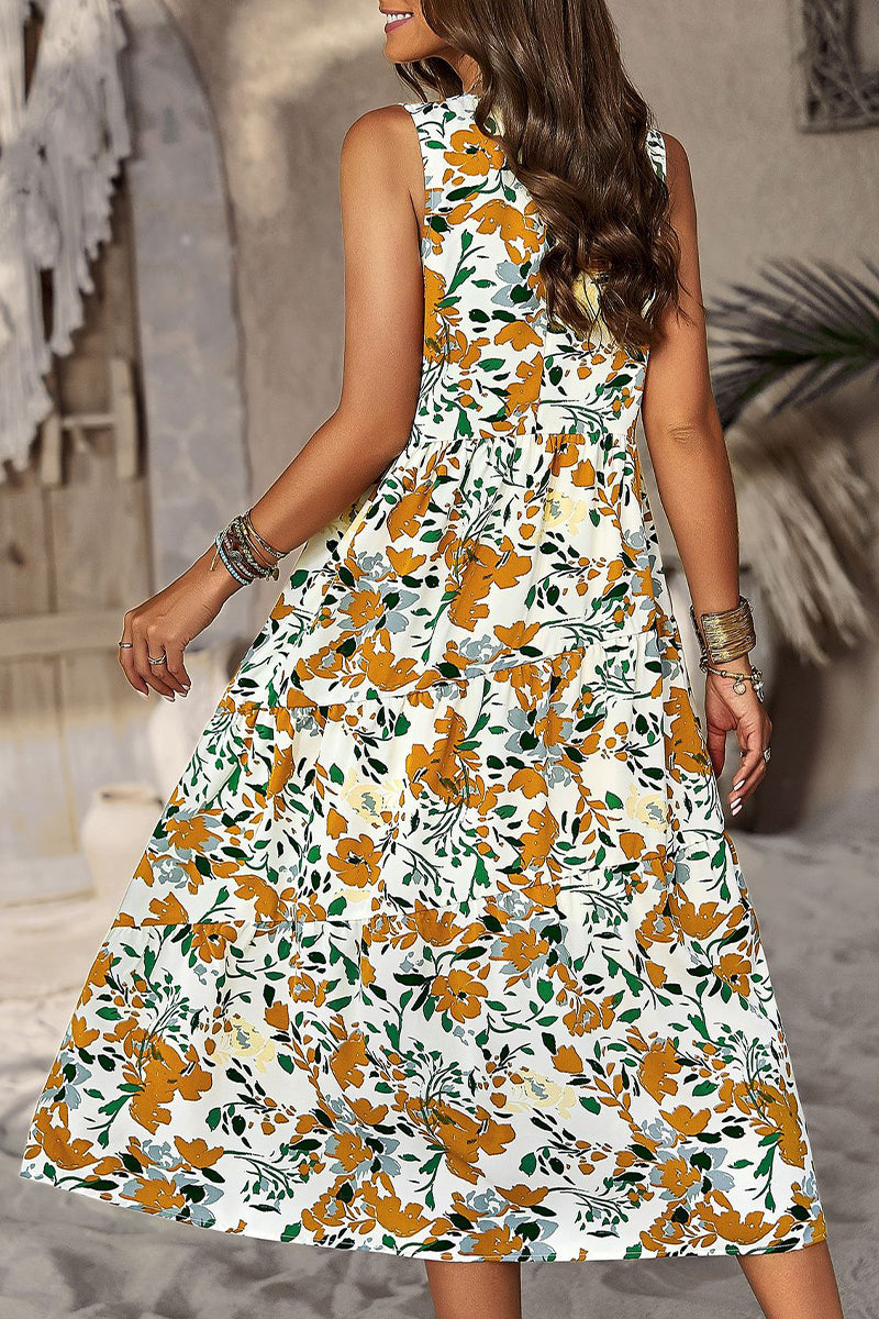 Kaynafashions - Elegant Floral Pocket Contrast O Neck A Line Dresses