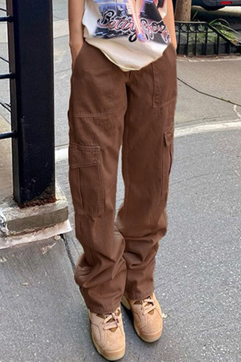 Kaynafashions - Street Solid Pocket Straight Solid Color Bottoms(3 Colors)