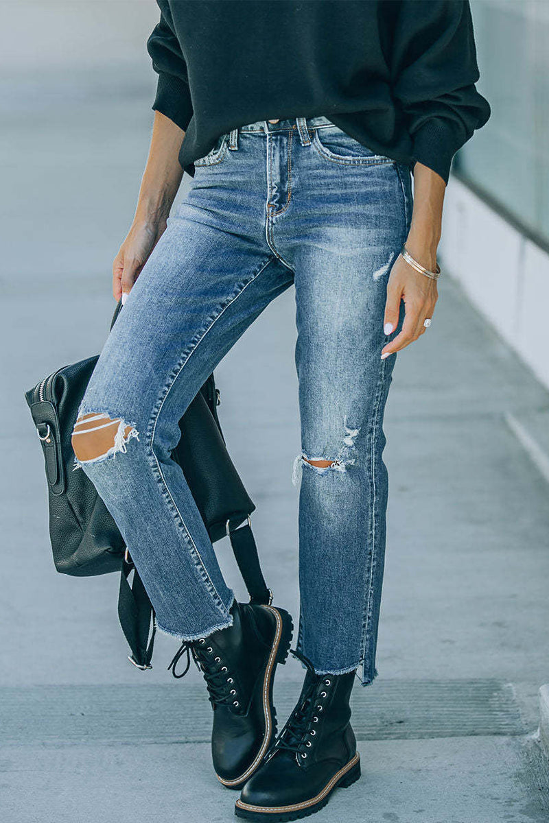Kaynafashions - Street Solid Ripped Straight Denim Jeans