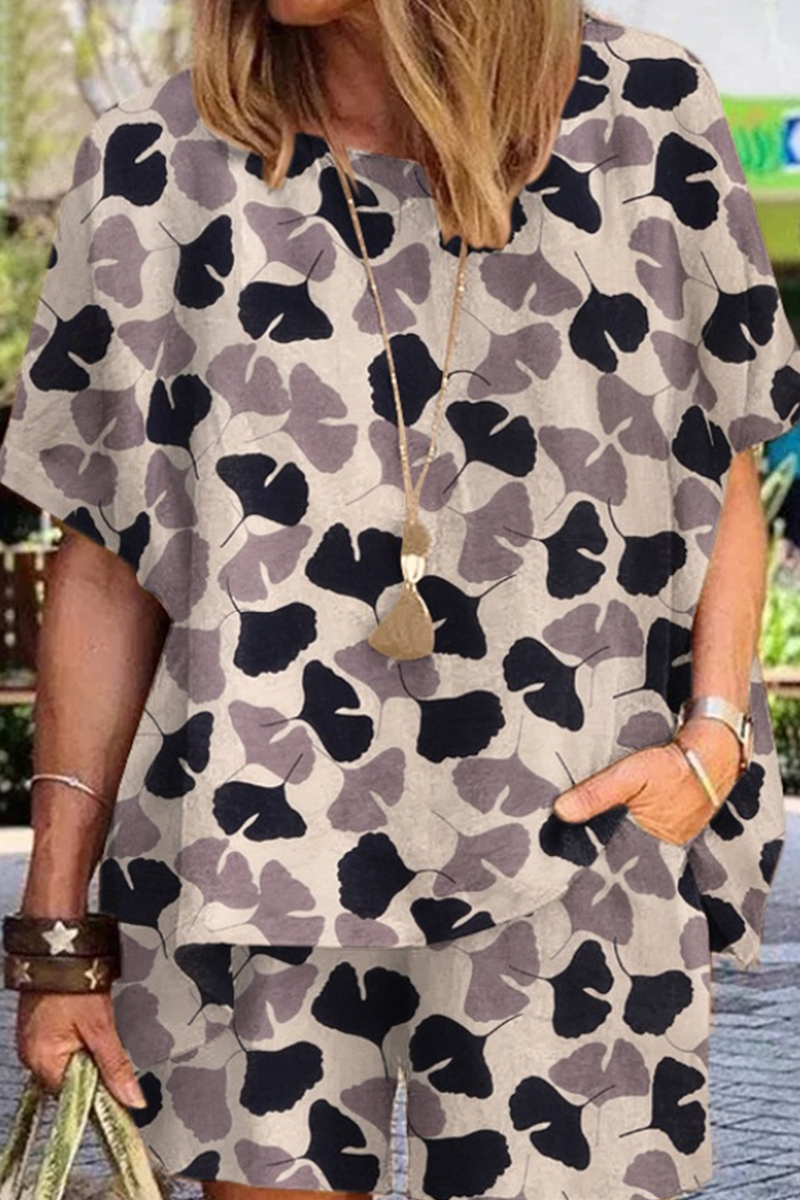 Kaynafashions - Casual Print Split Joint O Neck Short Sleeve Two Pieces(6 colors)