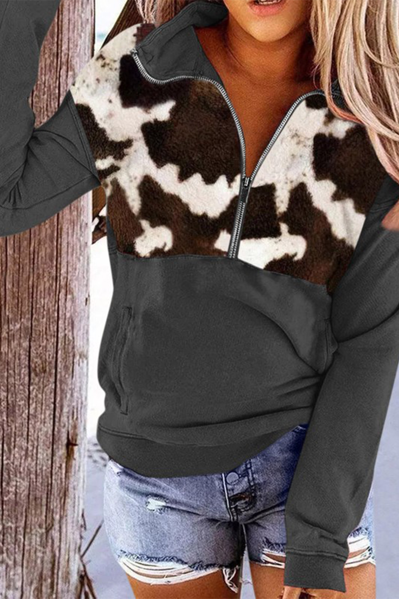 Kaynafashions - Casual Print Zipper Turndown Collar Tops(7 colors)