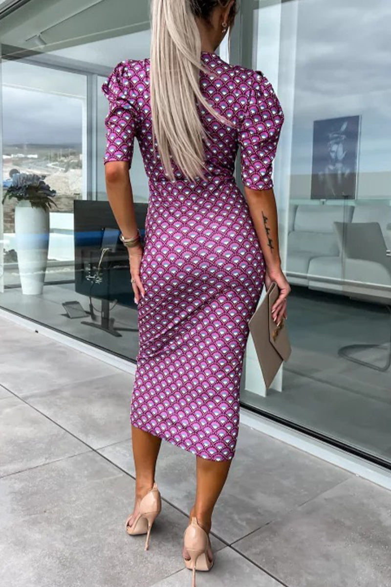 Kaynafashions - Work Elegant Print Patchwork V Neck One Step Skirt Dresses(3 Colors)