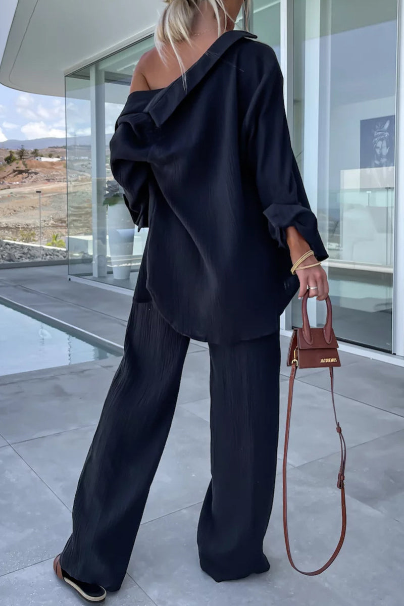 Kaynafashions - Casual Simplicity Solid Fold Turndown Collar Long Sleeve Two Pieces