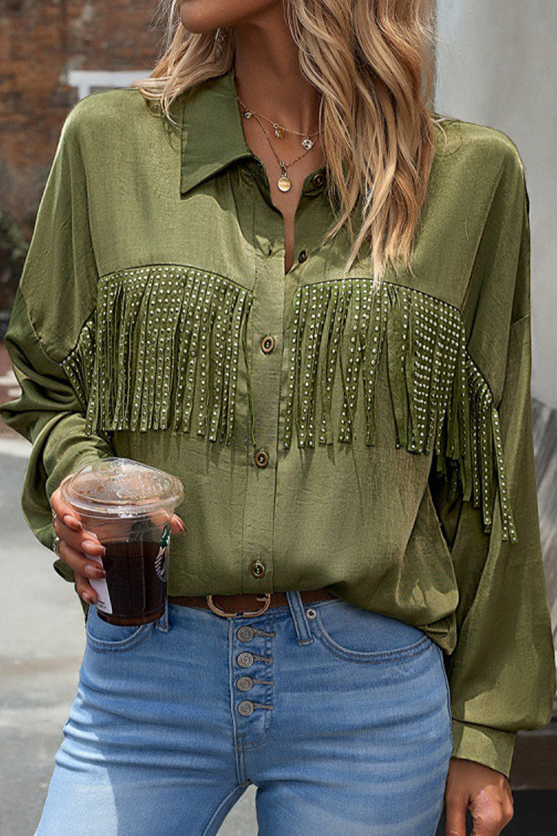 Kaynafashions - Casual Solid Tassel Shirt Collar Tops
