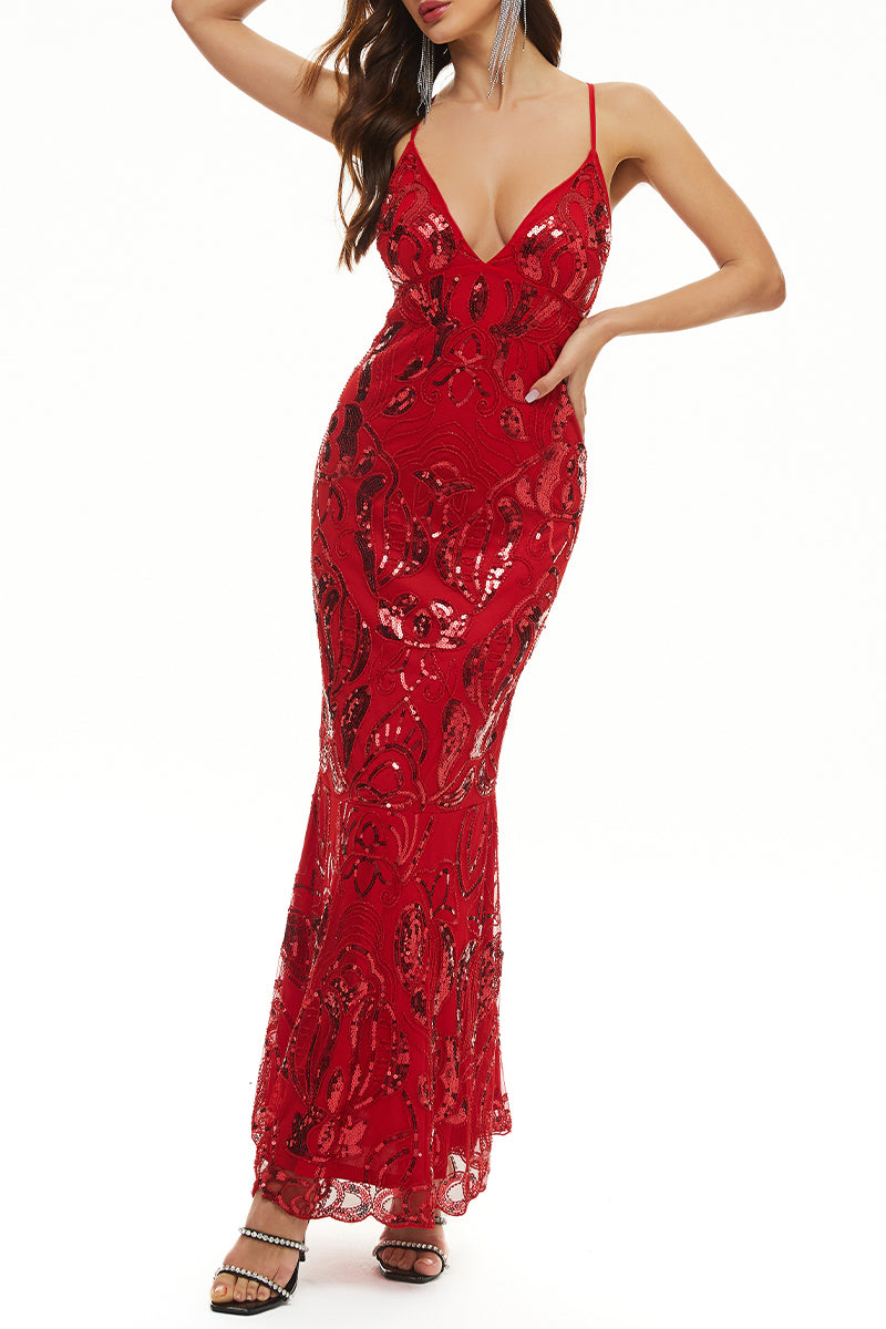 Kaynafashions - Sexy Formal Patchwork Bandage Sequins V Neck Evening Dress Dresses(7 Colors)