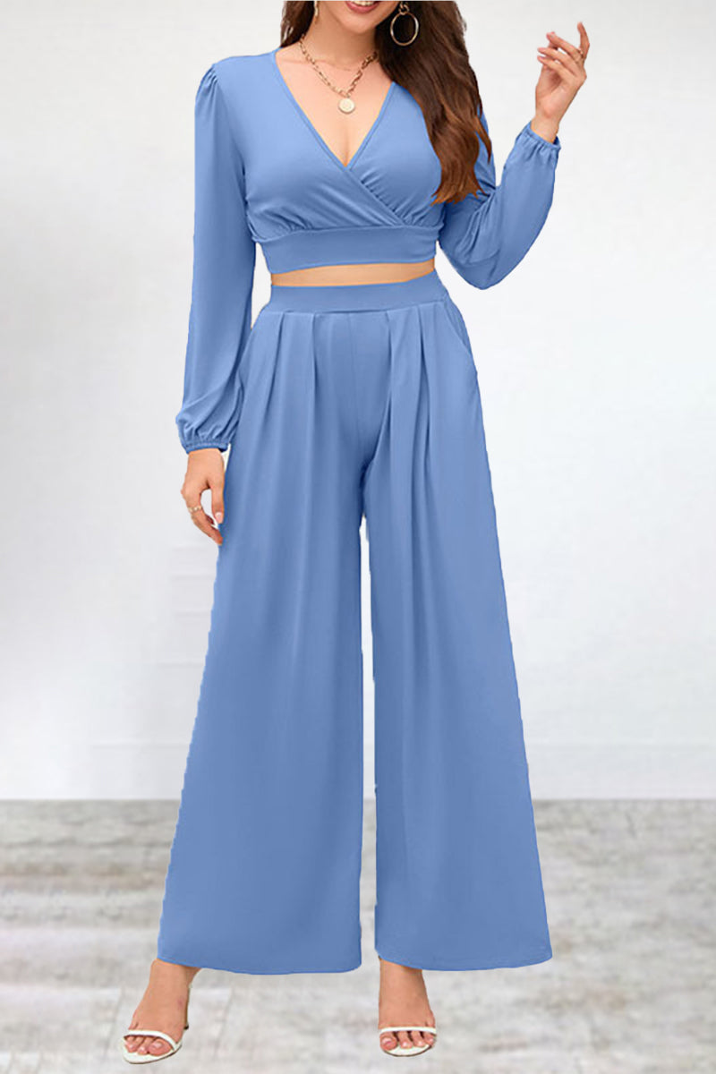 Kaynafashions - Casual Simplicity Solid Fold V Neck Long Sleeve Two Pieces