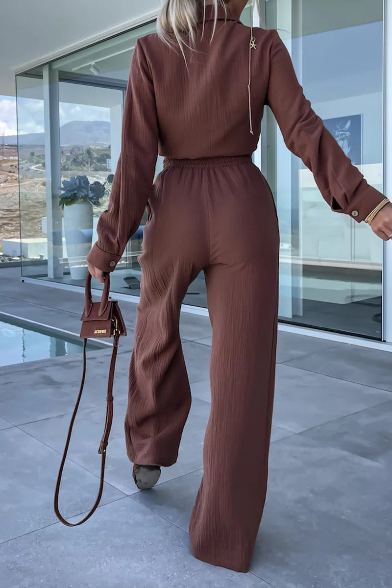 Kaynafashions - Casual Simplicity Solid Fold Turndown Collar Long Sleeve Two Pieces