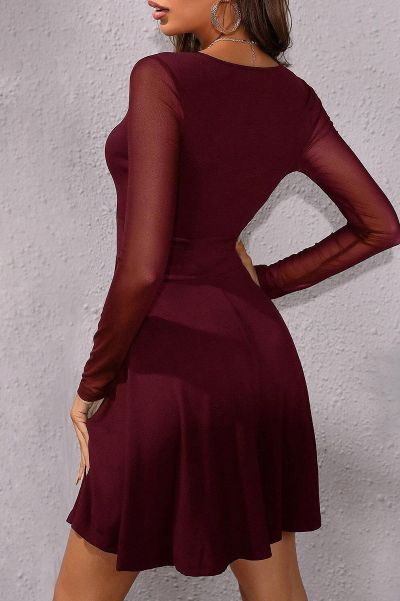 Kaynafashions - Elegant Solid Mesh V Neck Pleated Dresses