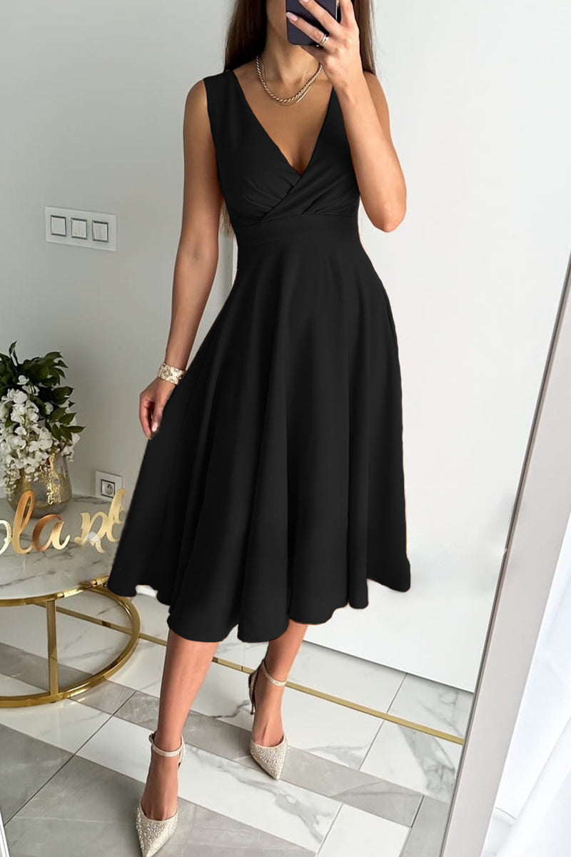 Kaynafashions - Sweet Elegant Solid Fold V Neck Sleeveless Dress Dresses