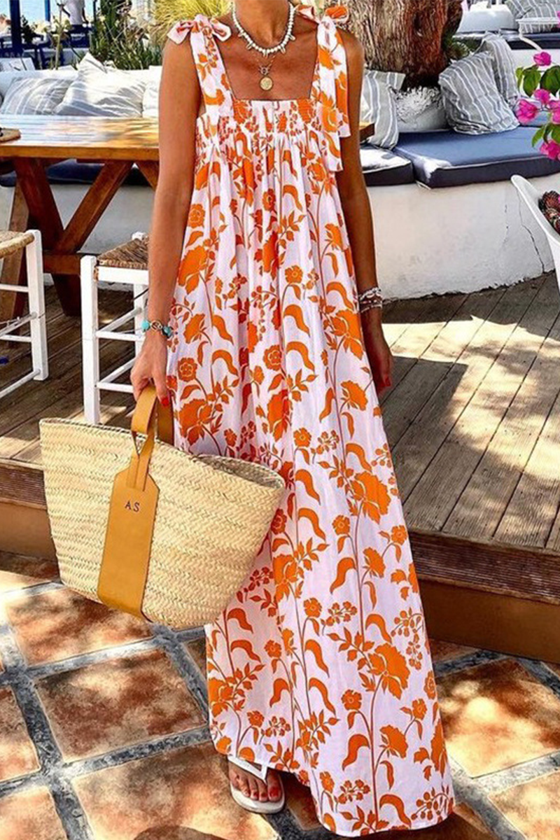 Kaynafashions - Vacation Print Strap Design Square Collar Princess Dresses