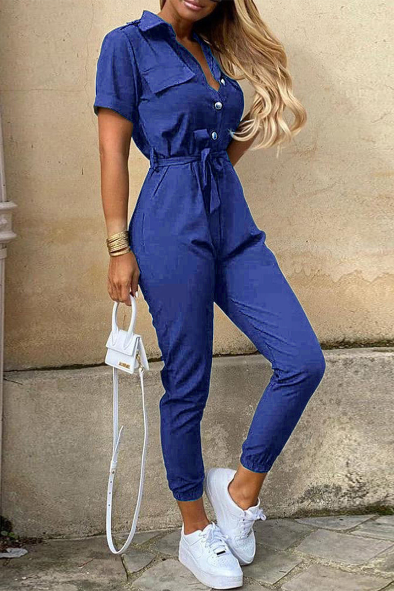 Kaynafashions - Casual Daily Solid Frenulum With Belt Turndown Collar Regular Jumpsuits(10 Colors)