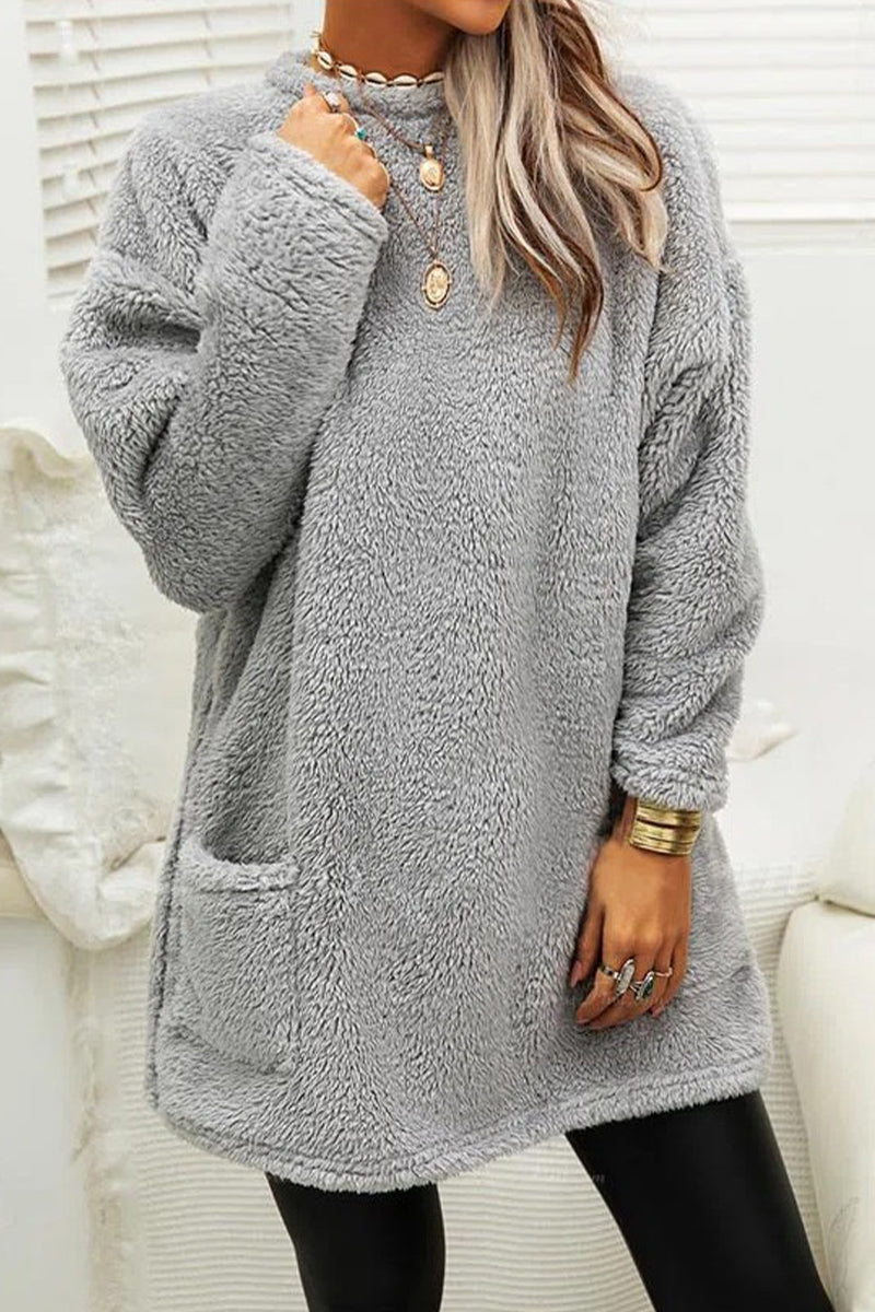 Kaynafashions - Street Pocket Solid Color O Neck Long Sleeve Tops(4 Colors)