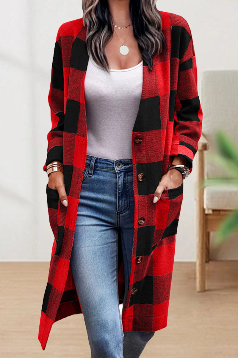 Kaynafashions - Work Street Plaid Striped Pocket Buckle V Neck Outerwear(4 Colors)