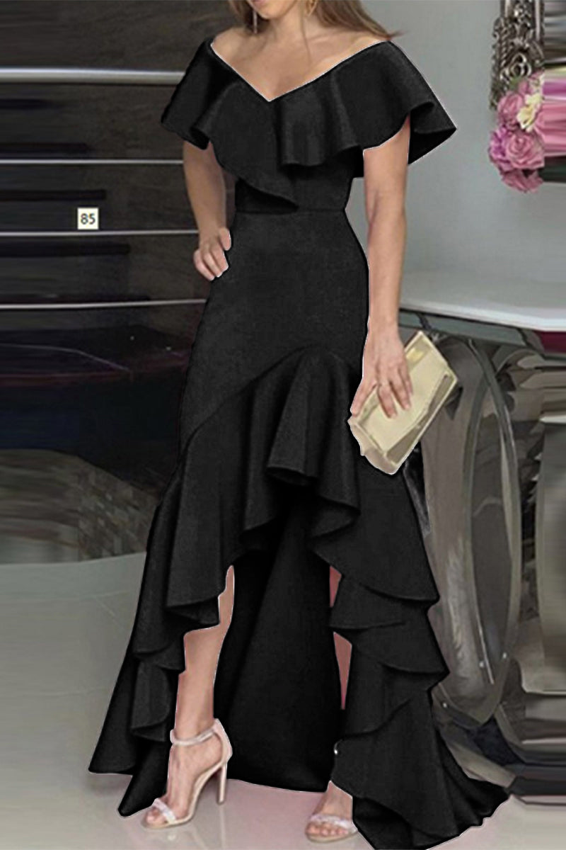 Kaynafashions - Elegant Solid Flounce V Neck Irregular Dress Dresses(5 Colors)