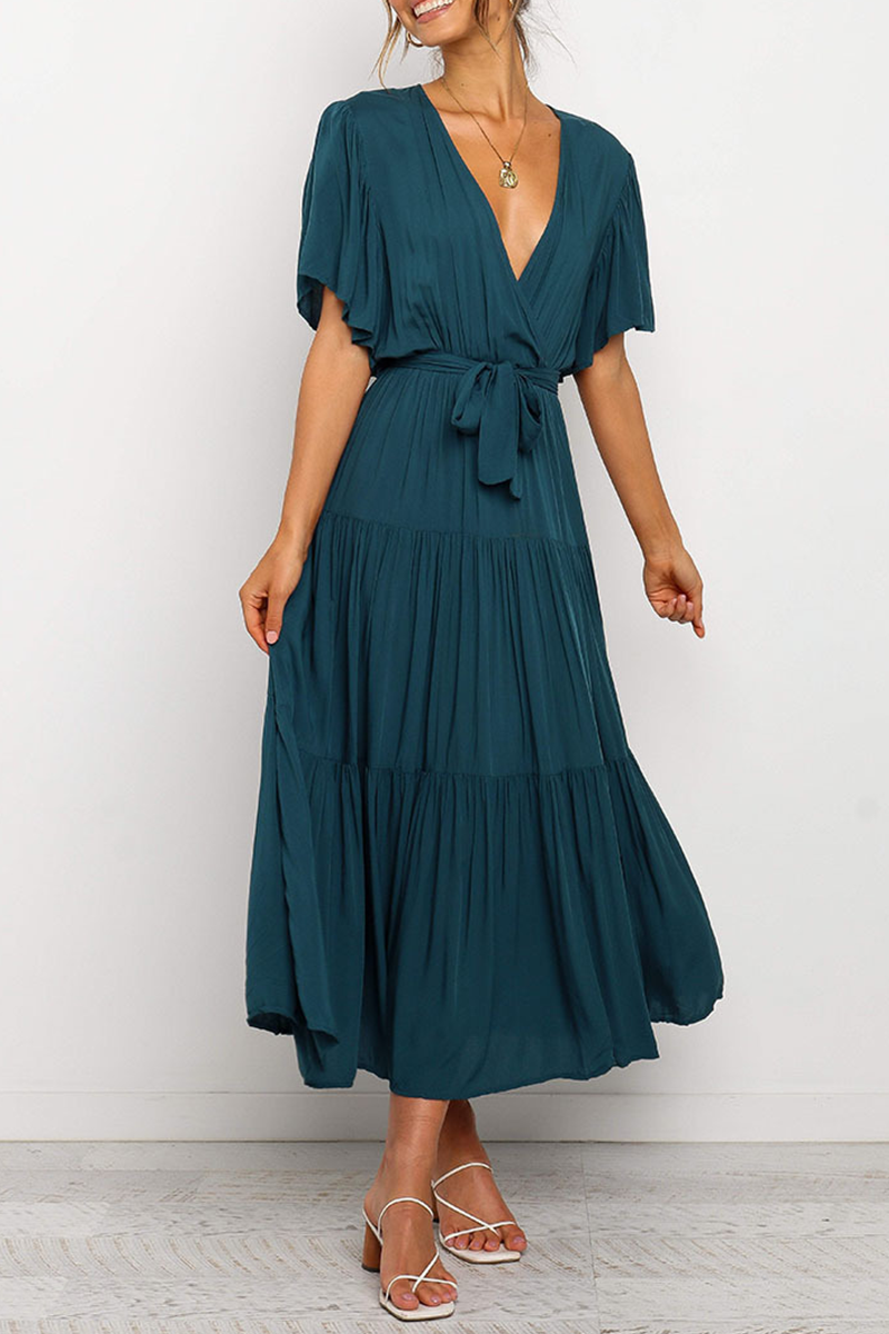 Kaynafashions - Casual Solid Patchwork V Neck Cake Skirt Dresses