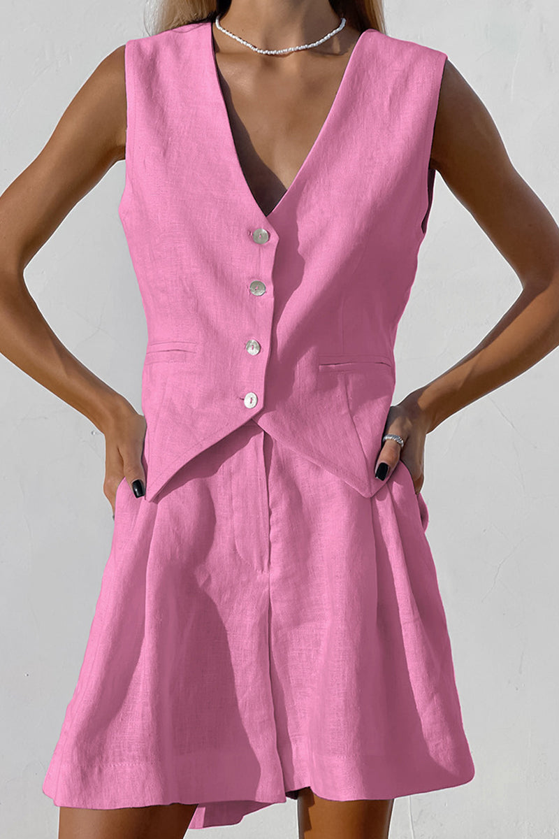 Kaynafashions - Casual Solid Pocket V Neck Sleeveless Two Pieces