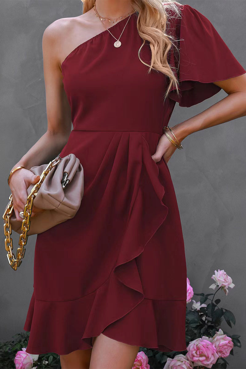 Kaynafashions - Street Simplicity Solid Flounce Oblique Collar Irregular Dress Dresses