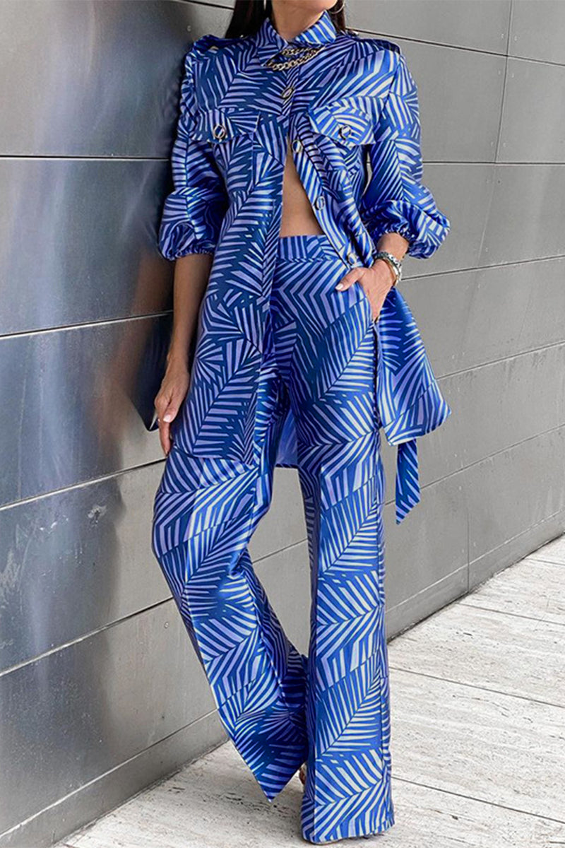 Kaynafashions - Celebrities Elegant Geometric Print Patchwork Turndown Collar Long Sleeve Two Pieces