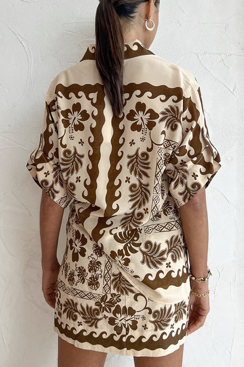 Kaynafashions - Casual College Geometric Printing Turndown Collar Half Sleeve Two Pieces