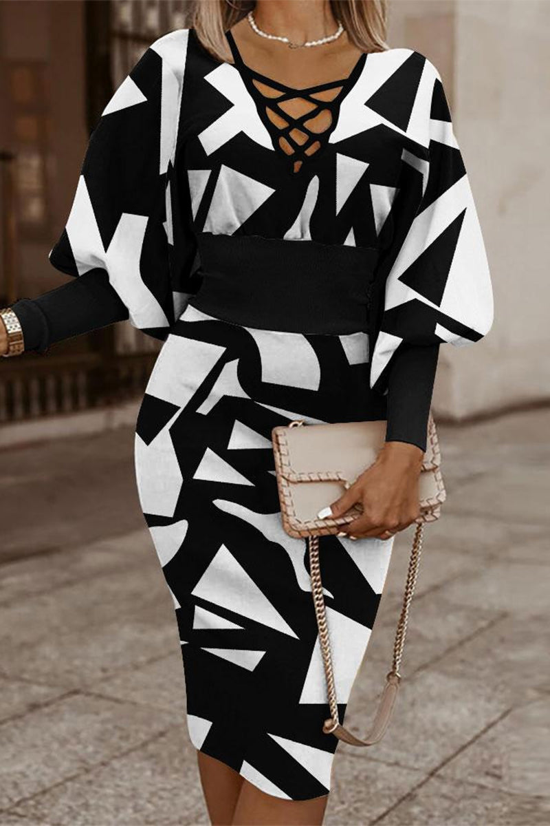 Kaynafashions - Elegant Print Bandage V Neck Wrapped Skirt Dresses