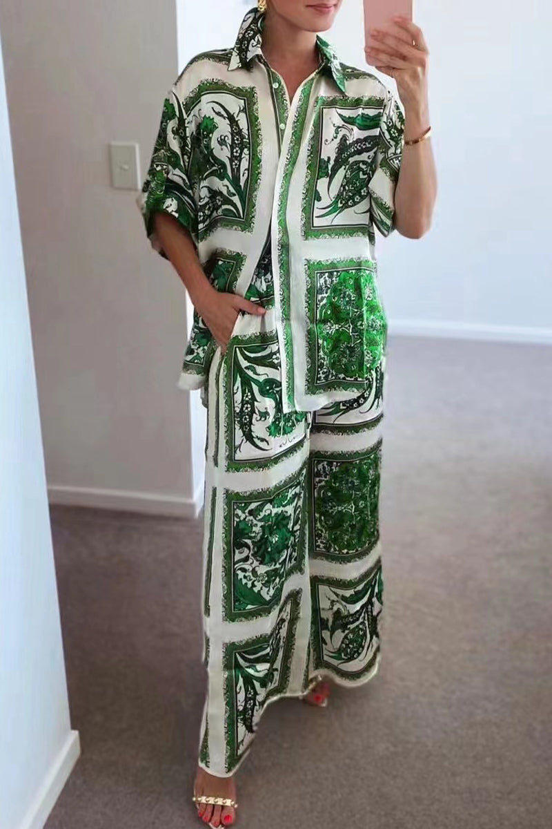 Kaynafashions - Casual Living Print Patchwork Turndown Collar Short Sleeve Two Pieces