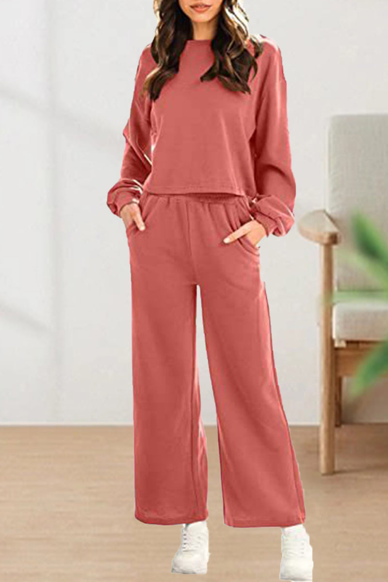 Kaynafashions - Casual Solid Solid Color O Neck Long Sleeve Two Pieces