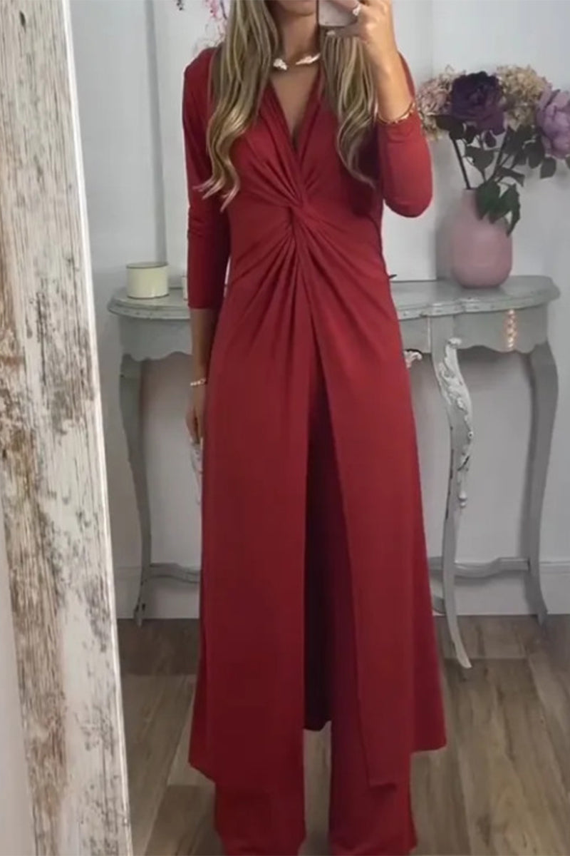 Kaynafashions - Casual Solid Fold V Neck Long Sleeve Two Pieces