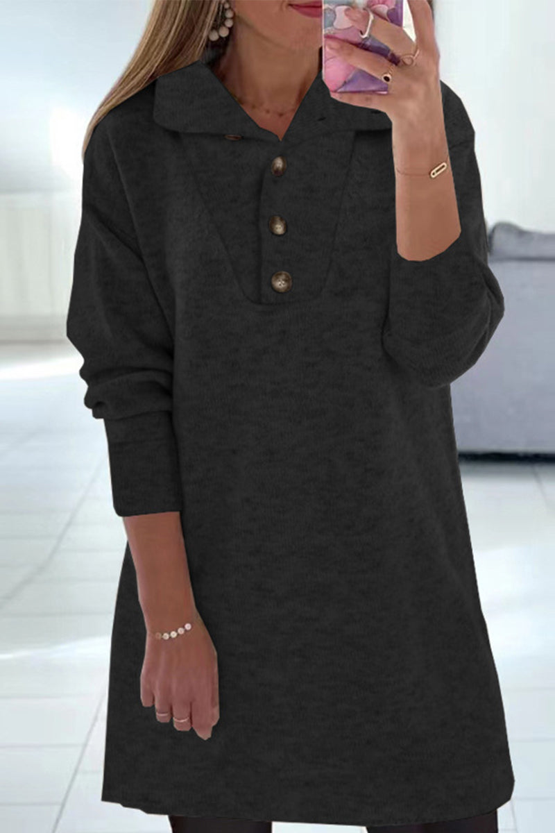 Kaynafashions - Casual Solid Buttons Turndown Collar Princess Dresses(4 Colors)