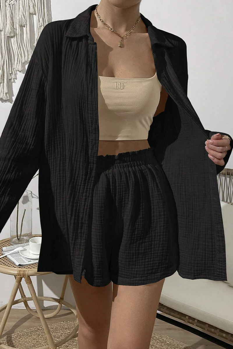 Kaynafashions - Casual Simplicity Solid Fold Turndown Collar Long Sleeve Two Pieces