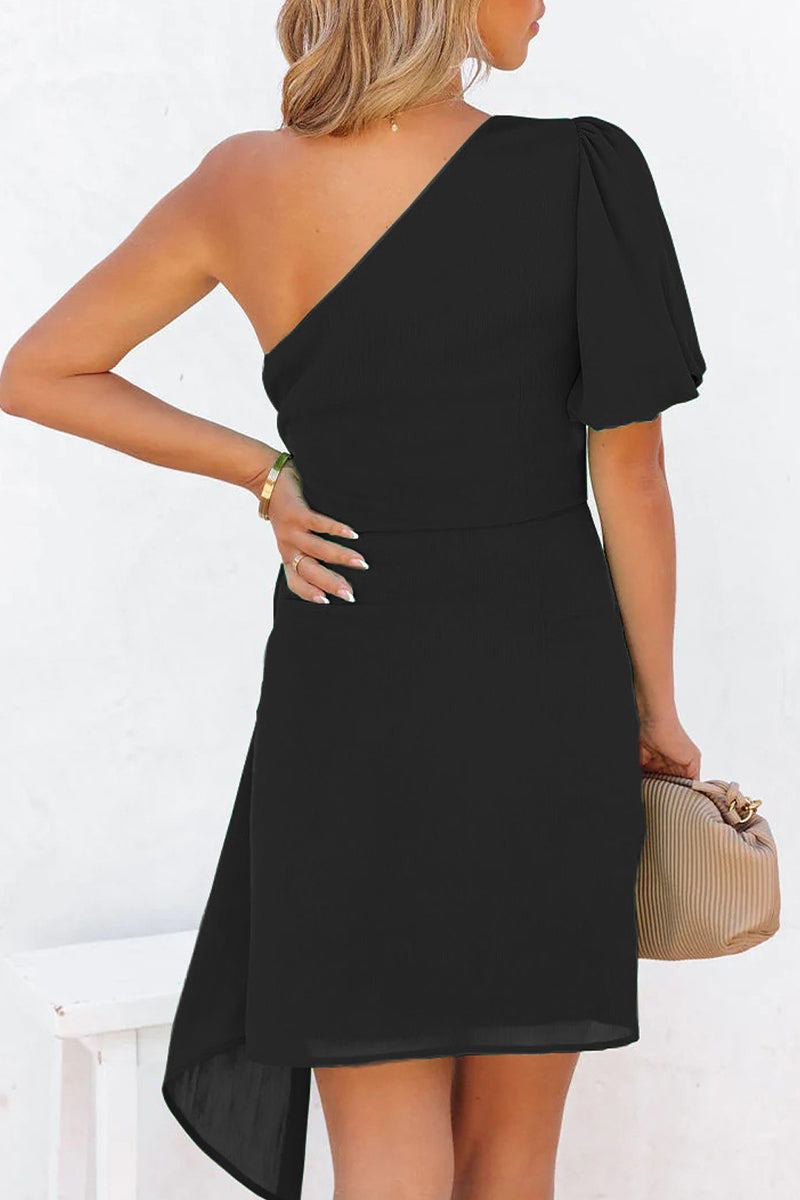 Kaynafashions - Elegant Solid Bandage Asymmetrical Oblique Collar Irregular Dress Dresses(3 Colors)
