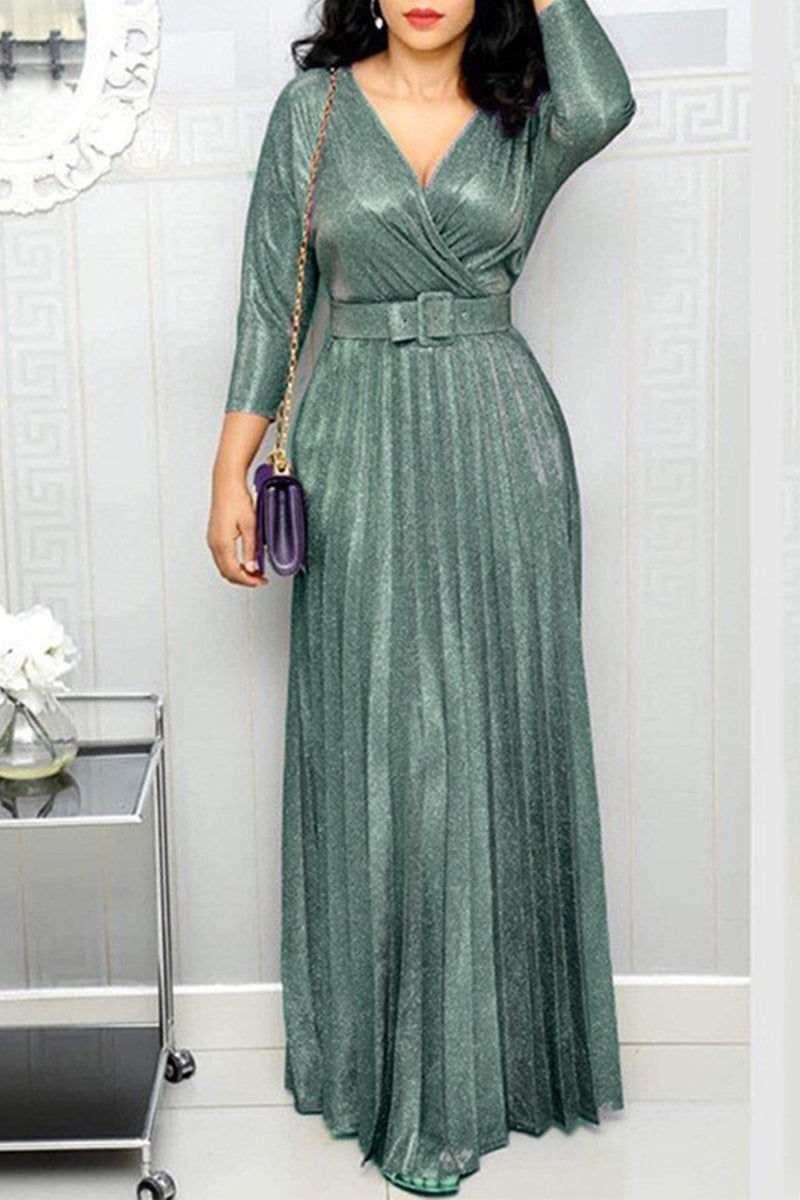 Kaynafashions - Elegant Bronzing Sequined With Belt V Neck A Line Dresses