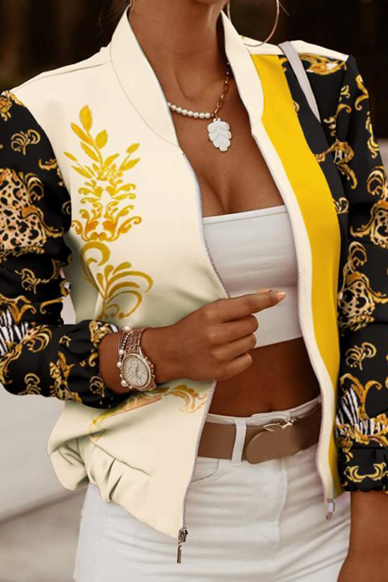 Kaynafashions - Casual Print Patchwork Zipper Collar Outerwear(6 colors)